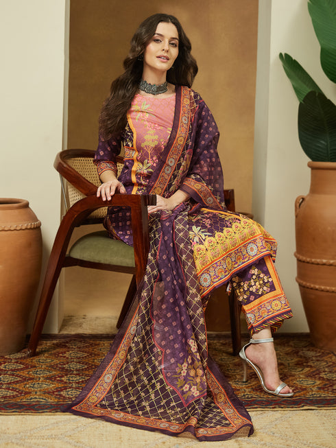 Janasya Women's Purple Cotton Blend Floral Printed Straight Kurta Set